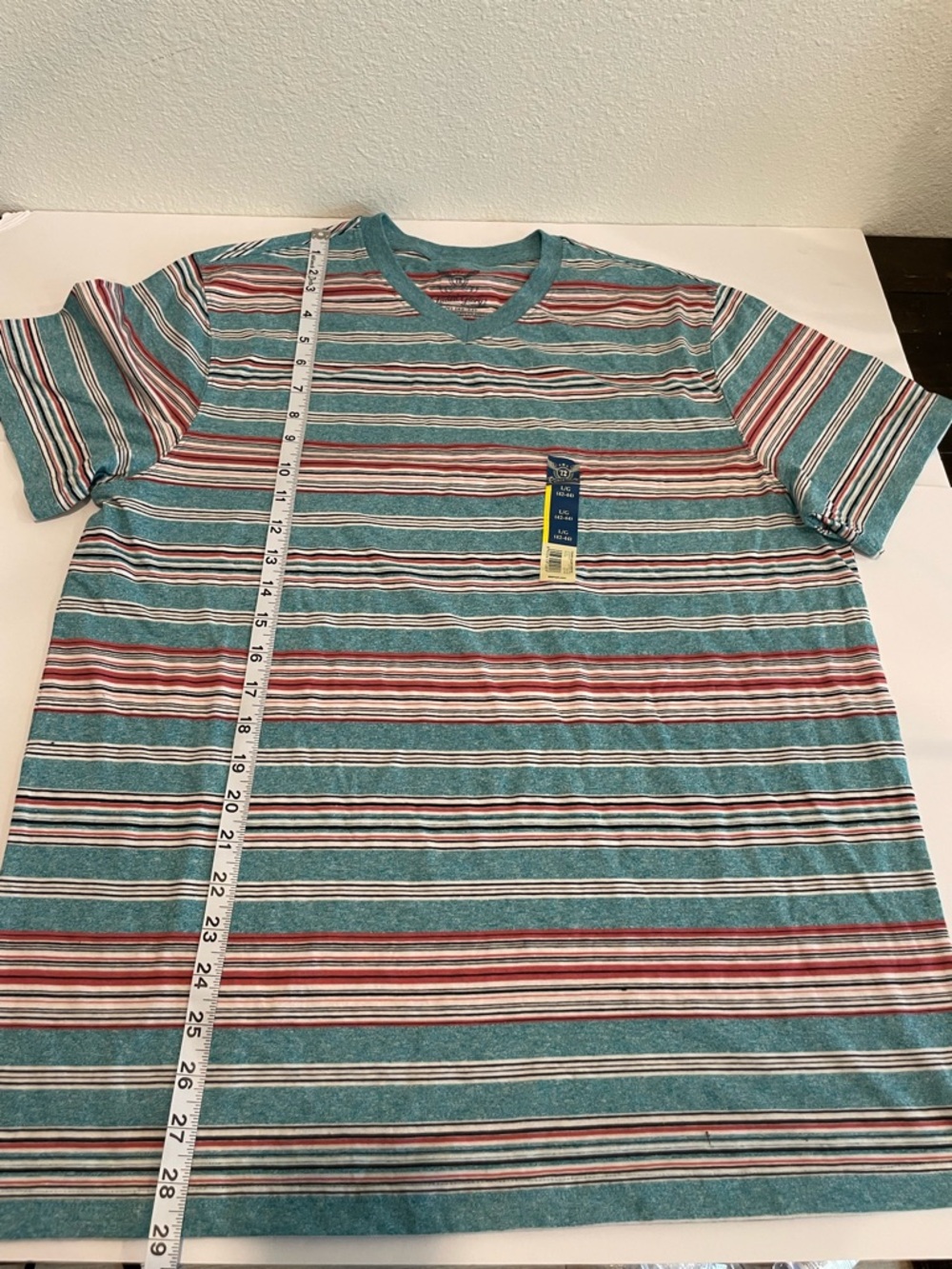 Faded Glory Teal Striped Short Sleeve Men’s Crew Tee with Red & White Accents L